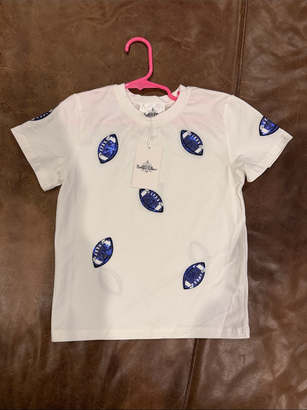 Belle Cher Girl’s T-Shirt with Blue Football Sequin Appliqués